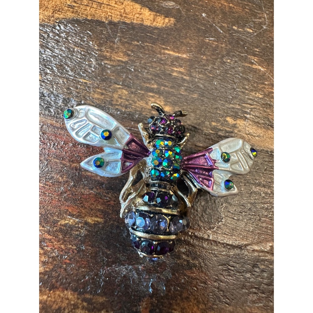 Vintage Style Rhinestone Enamel Honey Bee Brooch Gold Tone Purple White Pin